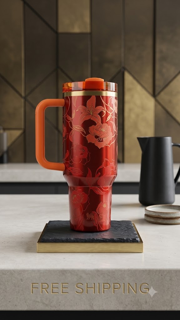 40 oz Stainless Steel Insulated Tumbler with Handle & Straw Lid – Red/Orange