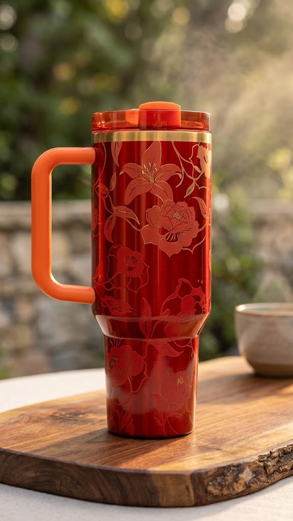 40 oz Stainless Steel Insulated Tumbler with Handle & Straw Lid – Red/Orange